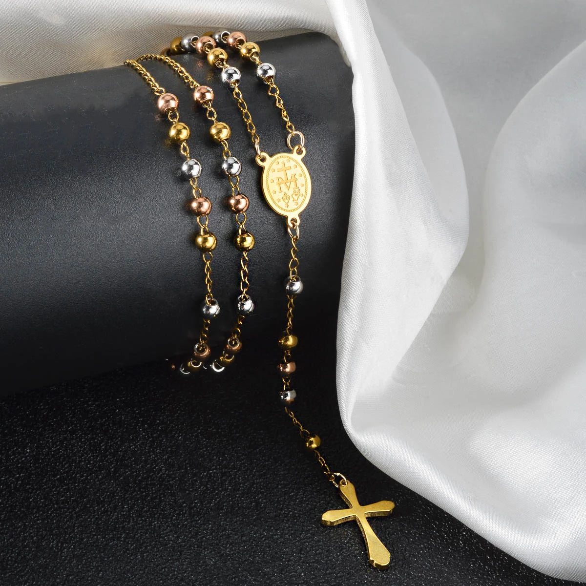 Pendant Beaded Y Drop Cross Necklace Waterproof Stainless Steel Long Lariat Chain Women Religious Faith Daily Wear Jewelry