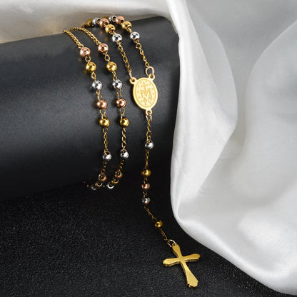 Pendant Beaded Y Drop Cross Necklace Waterproof Stainless Steel Long Lariat Chain Women Religious Faith Daily Wear Jewelry