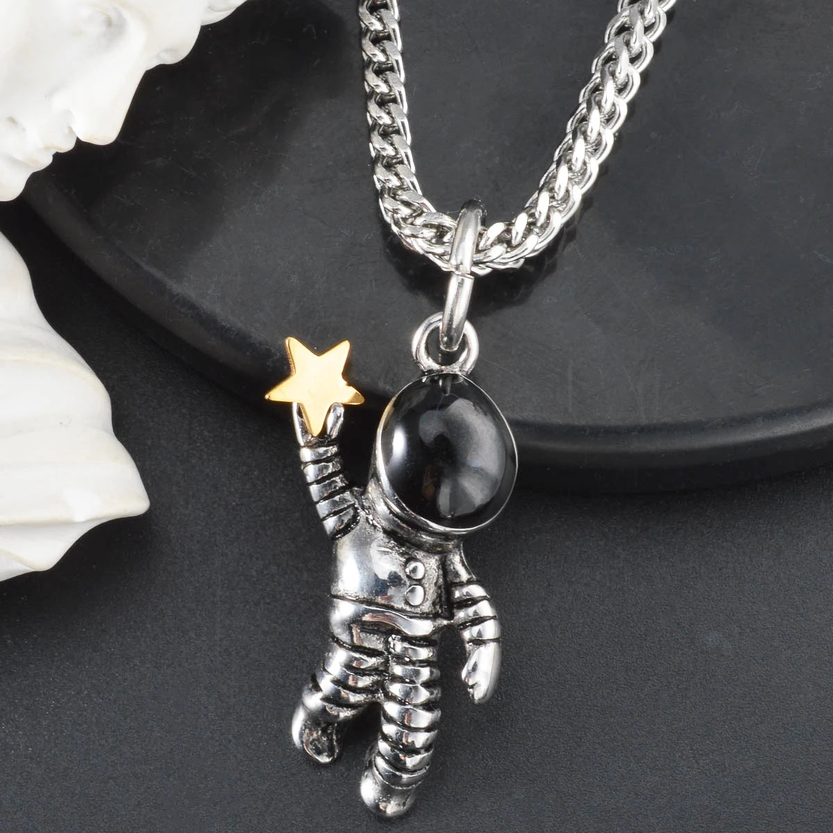 DIY Pendant Necklace Accessories Astronauts Spacewalk Stainless Steel Pendant Moon Stars Jewelry Charm Neck Chain Gifts